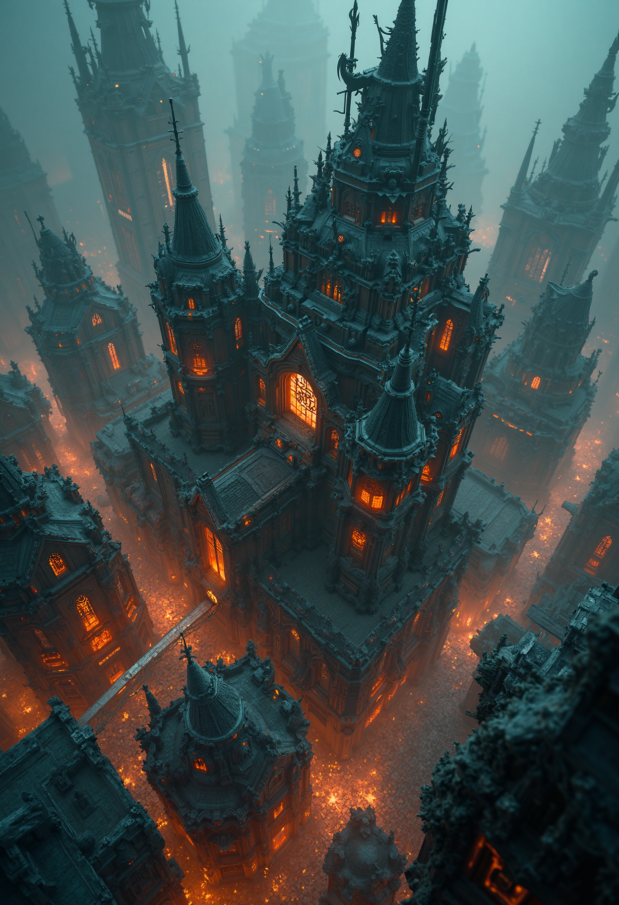 Bird's-eye view, ancient cyberpunk settlement, cyberpunk and gothic fusion. Intricate spatial composition, geometric planning, strategic shapes. Buildings that are fusions of gothic cathedrals and futuristic skyscrapers. Clustered gothic cyberpunk structures, neon lights, and bold gargoyle sculptures. Atmospheric interplay, ambient light, dynamic shadow, rich hues. Detailed architectural nuances, mosaic-like pathways, designed streets. Steampunk artifacts, monumental architectural details. Technical quality 8k, masterpiece, hyper-detailed imagery, intricate design, evocative textures, ethereal light, timeless narrative. <lora:42lux-UltimateAtHome-flux-highresfix:0.25>