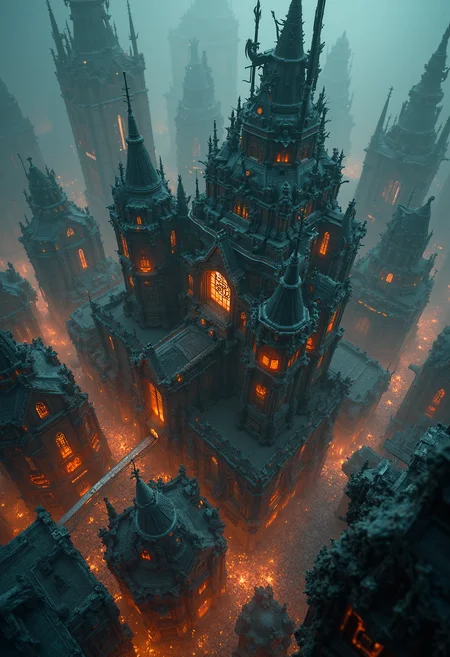 Bird's-eye view, ancient cyberpunk settlement, cyberpunk and gothic fusion. Intricate spatial composition, geometric planning, strategic shapes. Buildings that are fusions of gothic cathedrals and futuristic skyscrapers. Clustered gothic cyberpunk structures, neon lights, and bold gargoyle sculptures. Atmospheric interplay, ambient light, dynamic shadow, rich hues. Detailed architectural nuances, mosaic-like pathways, designed streets. Steampunk artifacts, monumental architectural details. Technical quality 8k, masterpiece, hyper-detailed imagery, intricate design, evocative textures, ethereal light, timeless narrative. <lora:42lux-UltimateAtHome-flux-highresfix:0.25>