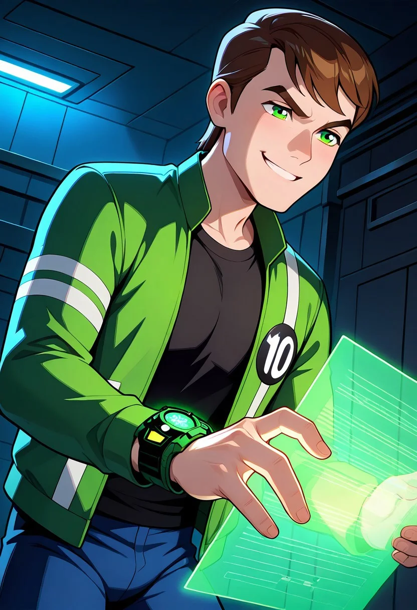 masterpiece, best quality, amazing quality, very aesthetic, absurdres, newest, detailed background,
,  benuaf, short hair, 1boy, brown hair, green jacket, open jacket, black shirt, long sleeves, thick eyebrows, blue pants, green eyes, green watch, angry, smile, wide chin,, 
destroyed city, holding hologram on watch, green hologram glow, starwars hologram, lit up face, dark scene, extreme darkness,