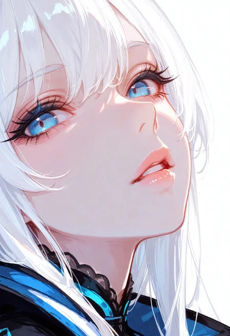 (score_9, score_8_up, score_7_up), 1girl, blue eyes, close-up, eyelashes, lips, long hair, looking at viewer, parted lips, portrait, solo, white hair