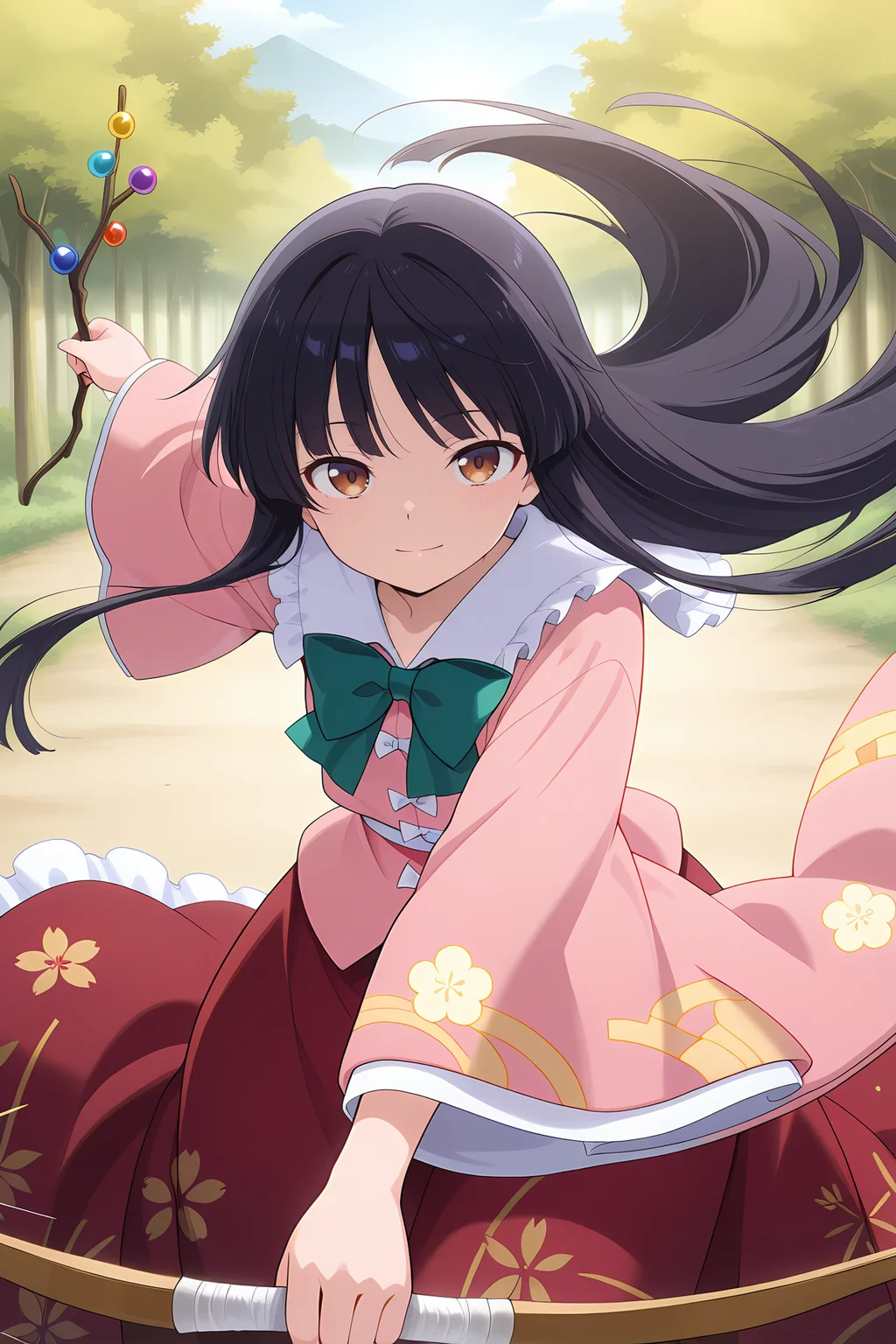 absurdres, highres, masterpiece, best quality, amazing quality, official anime artwork, screencap, anime screencap, outdoors, looking at viewer, light smile, dynamic pose,
<lora:Kaguya-Houraisan_Illustrious:1> houraisan kaguya, 1girl, solo, brown eyes, black hair, long hair,, pink shirt, long sleeves, wide sleeves, green bowtie, red skirt, long skirt, floral print, jeweled branch of hourai, bow (weapon), arrow, white shawl,