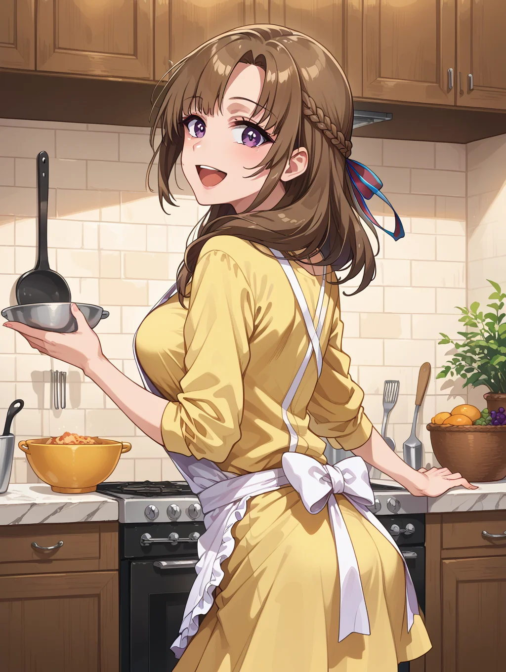 score_9, score_8_up, score_7_up,source_anime,BREAK,
oosuki_mamako,
white apron, kitchen, happy, from side, looking at viewer, looking back, yellow shirt,skirt,
<lora:oosuki_mamako:1>
