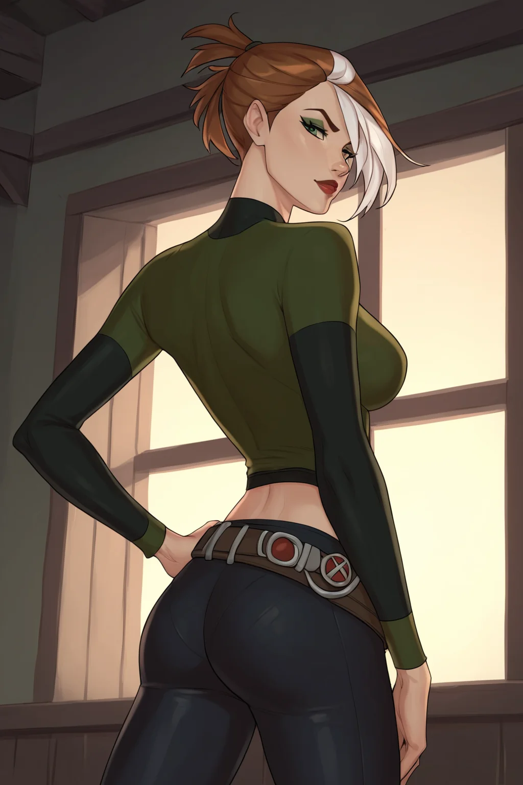 PonyXLV6_Scores BREAK (perfect anatomy, absurd resolution, cowboy shot) <lora:add-detail-xl:1> BREAK <lora:Rogue:0.7> anna marie, multicolored hair, two-tone hair, brown hair, white hair, green eyes, lipstick, makeup, flirty, raised eyebrow, ((looking back at viewer)), black sleeves, long sleeves, green shirt, black gloves, black leggings, belt, large breasts, toned, athletic, curvy, sexually suggestive, standing, hands on hip, indoors