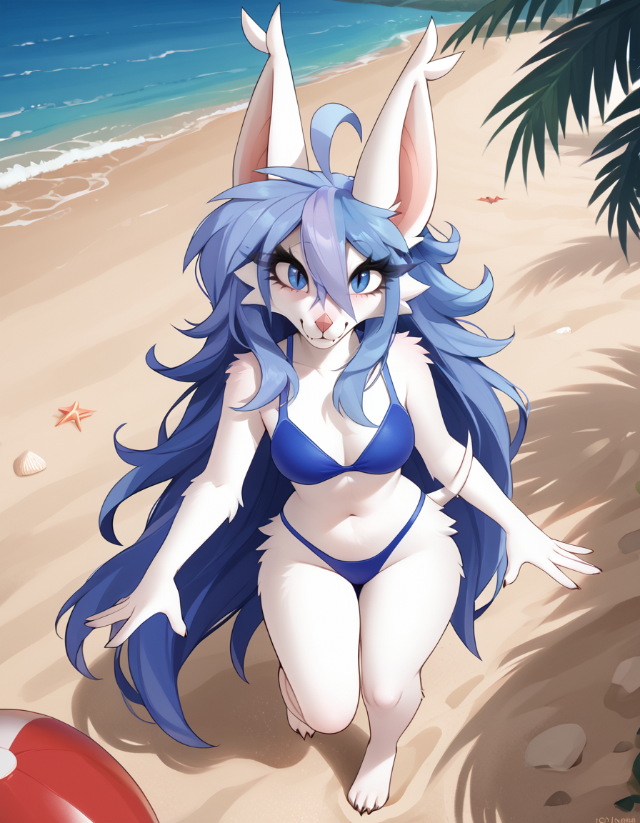 outdoors,beach,
full body,smile,long eyelashes,
swimsuit,bra,thong bikini,
<lora:Prism_v01_PDXL:1>,Prysm,1girl,solo,furry female,bat girl,bat ears,blue hair,hair between eyes,long hair,animal ears,blue eyes,animal nose,snout,tail,body fur,white fur,