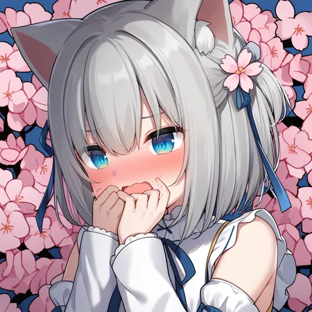 1girl,solo,cherry blossoms,hair flower,pink flower,hair ribbon,cat ears,animal ear fluff,grey hair,short hair,bangs,blue eyes,hair between eyes,eyebrows visible through hair,blush,neck ribbon,white dress,crease,frilled_collar,detached_sleeves,flat chest,
hands over face,full-face blush,open mouth,wavy mouth,trembling,
simple background,blue background,upper body,close up,front view,
<lora:gan_cheng_31:0.8>,