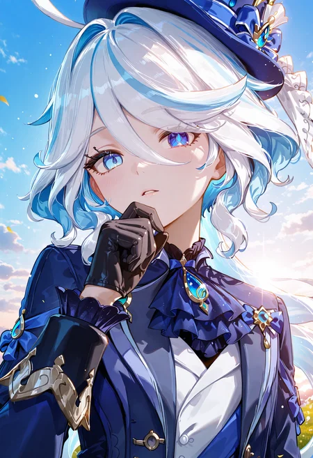 <lora:Furina_Illustrious:0.8>, <lora:SDXL_HandFineTuning_XL:0.4>, <lora:for_illust_spo_sdxl_10ep_4k-data_lora_webui:0.7>, <lora:for_illust_GBF_Illustrious:0.4>, <lora:for_illust_ponyv5_noobV065S_1_adamW-000013:0.2>, <lora:for_illust_748cmSDXL:0.3>, <lora:warm light style v2:0.4>, perfect quality, best quality, absolutely perfect quality, best quality, absolutely eye-catching, cinematic, (masterpiece), (ultra-detailed), Soft lighting, very aesthetic, illustration, perfect composition, ultra detailed face, detailed eyes, portrait, 1girl, Furina_(Genshin_Impact), furina, blue eyes, heterochromia, white hair, streaked hair, ahoge, drop-shaped pupils, flat chest, looking at viewer, outdoors, sky, blue headwear, blue ascot, blue bow, black gloves, white gloves, blue jacket, white shirt
