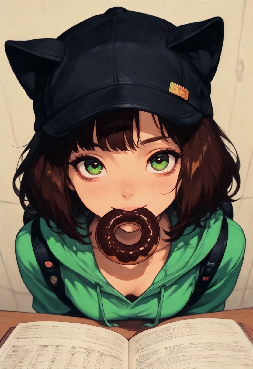 (Opening:0.0)
(score_9, score_8_up, score_7_up), (lazypos), masterpiece, amazing quality, perfect face, perfect eyes, detailed eyes, 4K, ultra-detailed, ((1 girl, solo)), (from chest to head, high angle, portrait), figure focus
(Girl:0.0)
slim body, fair skin, short messy dark brown hair, playful vibe, wearing black cap with cat ears and two colorful pins, mouth holding chocolate donut with rainbow sprinkles, visible collarbone, relaxed posture
(Clothes:0.0)
light olive green hoodie, hoodie slightly open at neck, visible backpack straps on shoulders
(Pose:0.0)
bending forward, elbows slightly bent, head tilted up, mouth biting donut, shoulders relaxed
(Scene:0.0)
plain beige wall background, soft natural lighting on her body, subtle shadows, blur background, cozy and playful atmosphere