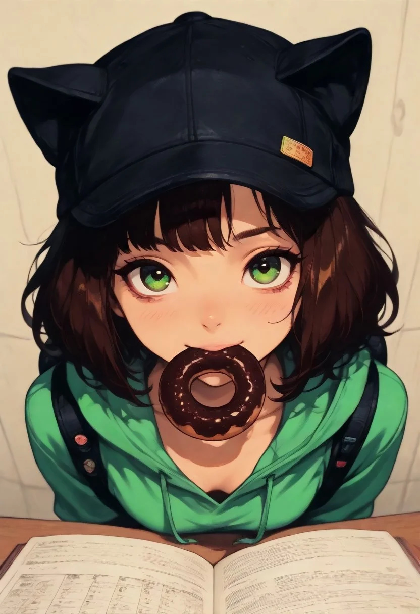 (Opening:0.0)
(score_9, score_8_up, score_7_up), (lazypos), masterpiece, amazing quality, perfect face, perfect eyes, detailed eyes, 4K, ultra-detailed, ((1 girl, solo)), (from chest to head, high angle, portrait), figure focus
(Girl:0.0)
slim body, fair skin, short messy dark brown hair, playful vibe, wearing black cap with cat ears and two colorful pins, mouth holding chocolate donut with rainbow sprinkles, visible collarbone, relaxed posture
(Clothes:0.0)
light olive green hoodie, hoodie slightly open at neck, visible backpack straps on shoulders
(Pose:0.0)
bending forward, elbows slightly bent, head tilted up, mouth biting donut, shoulders relaxed
(Scene:0.0)
plain beige wall background, soft natural lighting on her body, subtle shadows, blur background, cozy and playful atmosphere