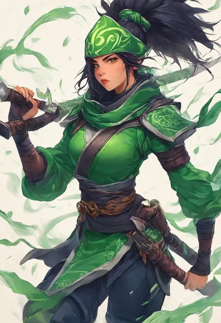 FF Style, masterpiece (quality), clean background, 1girl, green ninja outfit, akali (league of legends), holding weapons <lora:PaintingAnimeStyleIllustriousV1:0.75>