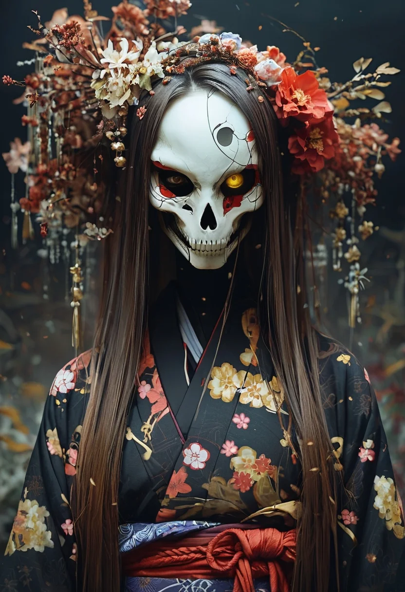 1girl, solo, long hair, looking at viewer, brown hair, brown eyes, yellow eyes, upper body, flower, japanese clothes, kimono, mask, floral print, one eye covered, black kimono, (skull mask),
rim light, surreal,, .score_9, score_8_up, score_7_up,