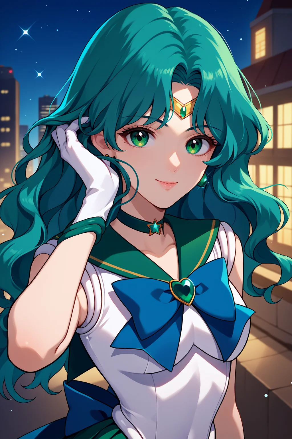 score_9, score_8_up, score_7_up, score_6_up, source_anime, 1girl, solo, <lora:sailorneptune-pdxl-nvwls-v1-000005:1> slrnp, cyan hair, long hair, wavy hair, green eyes, circlet, earrings, choker, white shirt, green sailor collar, sleeveless, blue bowtie, brooch, cyan skirt, pleated skirt, white leotard, white gloves, elbow gloves, high heels, magical girl, upper body, portriat, looking at you, night sky, city, smile, closed mouth, happy, hand in hair