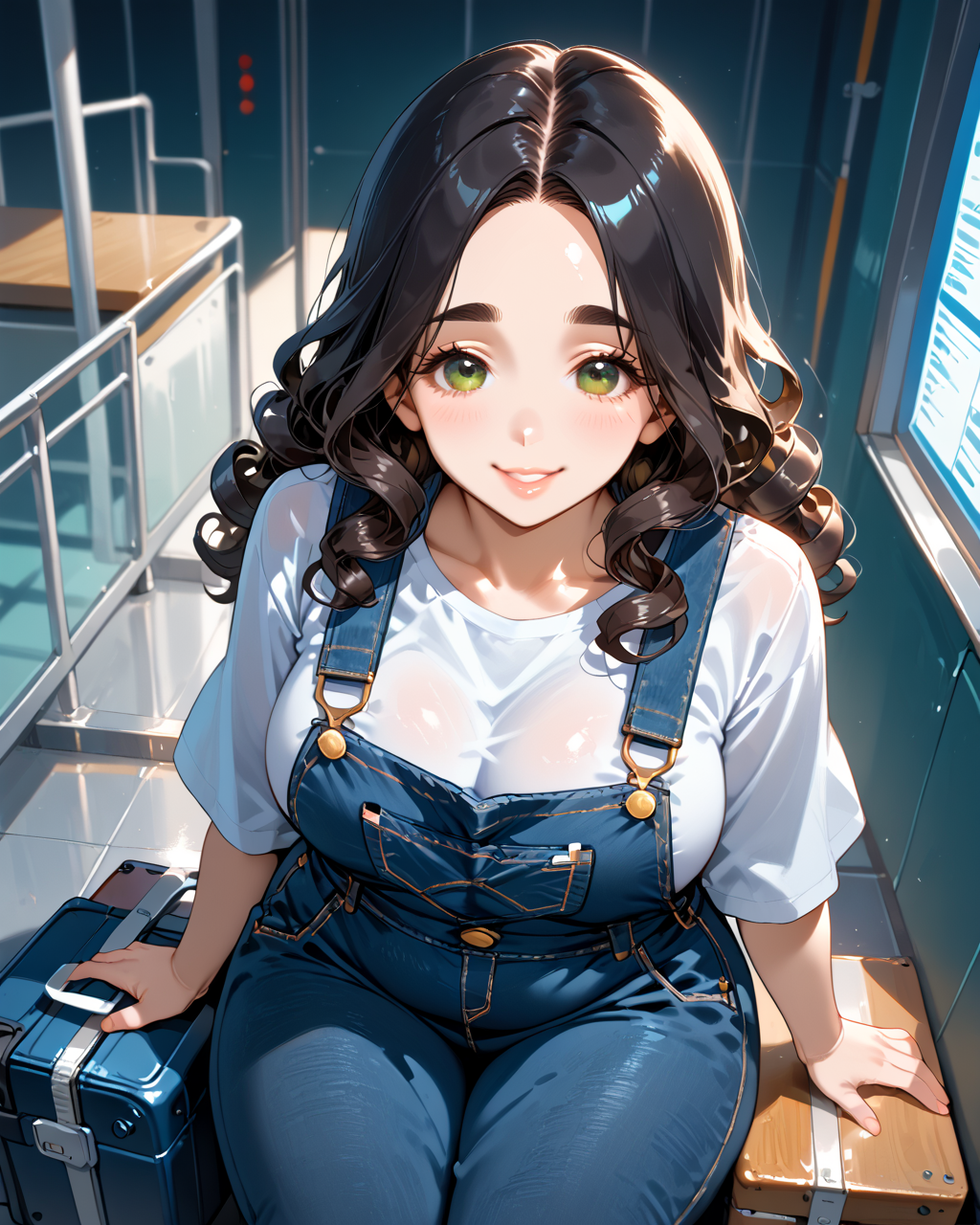 PonyScores7, source_anime, rating_safe, ah1, 1girl, (curly hair), long hair, (black hair), mature female, (parted hair:1.7), (round face:1.2), (no_bangs:1.3), (no_fringe:1.6), (thick eyebrows), (curvy), round-chin, (greenish hazel eyes), caucasian, (downturned eyes:1.2), (plump face), <lora:ETO_OCPonyXL:0.5> eto_oc, skindentation, (plump:1.2), thick thighs, wide hips, busty, voluptuous, kinky curls, lips, bad-hands-5, <lora:venus body PonyXL:0.8>, <lora:xl_more_art-full_v1:0.4>, <lora:shinyskin2:0.3> glistening skin, <lora:aesthetic_anime_v1s:0.4>, <lora:Expressive_H:0.4> Expressiveh, <lora:hairdetailpxl:0.4> hairdetailpxl, <lora:EpicF4nta5yXL:0.4>, <lora:detailxl:0.4> detailxl, <lora:Fant5yP0ny:0.4>, best quality, amazing quality, best aesthetic, absurdres, <lora:expressive eyes:0.4> expressive eyes, <lora:eyedetailpxl:0.4> eyedetailpxl, illustration, Volumetric_Lighting, ultra-detailed, very aesthetic, intricate details, 8k, masterpiece, best_quality, smile, (High Angle view Extreme Close shot (focus on waist)), (sitting with hands around her ankles), (airport terminal, travelers sitting with luggage some napping others watching the departure board), (Work Overalls), <lora:Eyes_High_Definition:0.6> EyesHD,