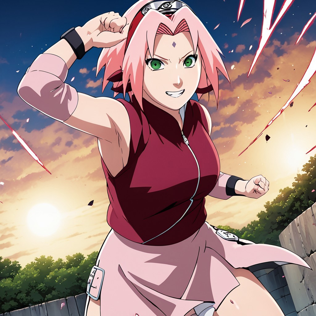A naughty and teasing picture of Sakura haruno punching at the viewer ; hot and sexy  ; forehead mark and green eyes ; teasing smile on the face ; wind blowing up her skirt