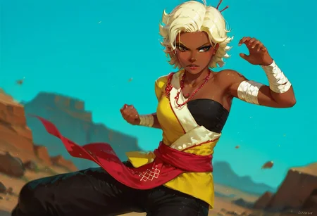 score_9, score_8_up, score_7_up,score_6_up, Expressiveh, 1dk, score_9, solo, 1girl, solo, perfection,
Standing, fighting stance, desert landscape,
ArslanRWBY, dark skin, hazel eyes, short hair, platinum blonde hair, hair ornament, necklace, asymmetrical clothes, single bare shoulder, black tube top, yellow robe, black pants, bandages, red sash,