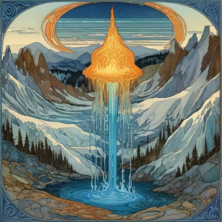 Ivan Bilibin Style - a magical Water geyser spurts from the ground with great force. A blue glow radiates from within. It's surrounded by an ice lake, with mountains in the background.