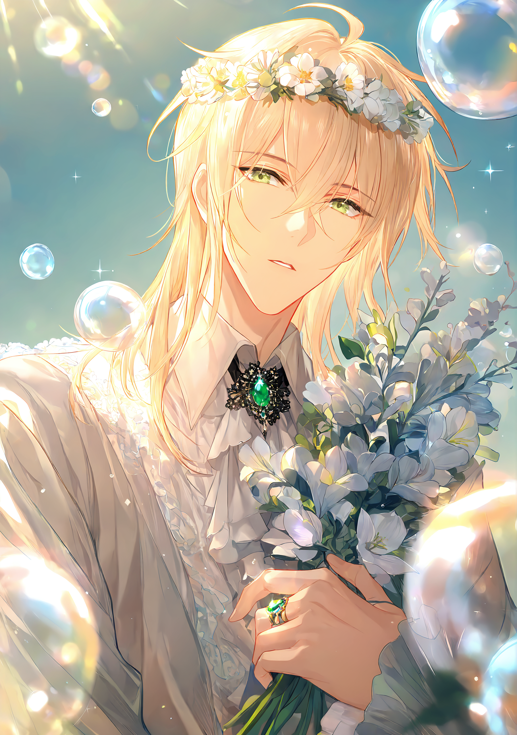 masterpiece,best quality,<lora:fat-noob05:1>,
lovebrush chronicles, alkaid_mcgrath, 1boy, male focus, green eyes, blonde hair, flower, solo, ring, jewelry, looking at viewer, head wreath, hair between eyes, long sleeves, white flower, bangs, gem, upper body, medium hair, shirt, bishounen, sky, outdoors, white shirt, long hair, parted lips, bouquet, brooch, day, lens flare, bubble, frills, holding, flower wreath, frilled sleeves, ahoge, blue sky, glint, open mouth, collared shirt, sunlight, sparkle, blurry, jacket