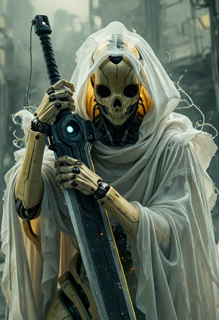 Edgy wooden mecha being, Joints, exposed wires, Closeup, high Quality, Cinematic, best Quality, atmospheric lighting, atmospheric haze, Long White ethereal billowing cape, hollow eyes, Motion lines, eye trails, trails of light, See through, vibrant neon translucent aura, dystopian bleaked sundawn, Yellow and Grey color graded, holding giant sword,