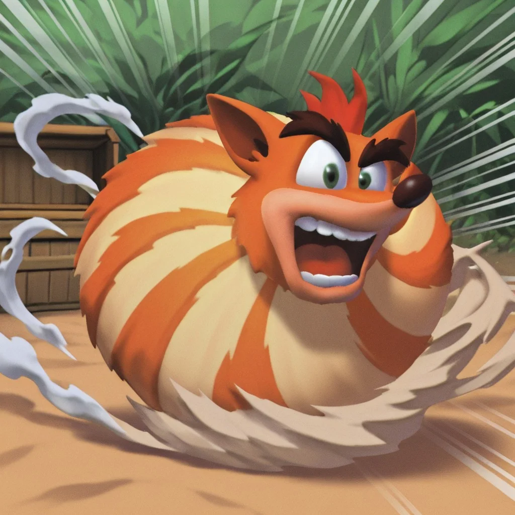 choukyuuhaoudeiedan, spinning, 1boy, solo, head only, laughing, open mouth, shouting, jungle background, sand, smoke, bandicoot ears, wooden crates, speed lines,