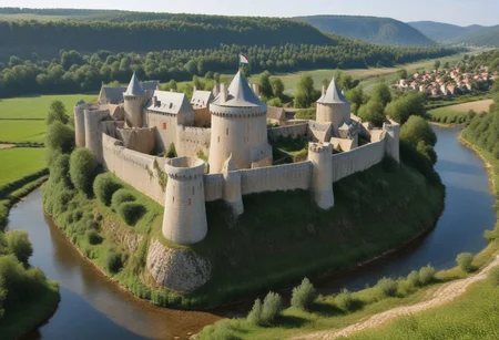 ultra realism, realistic image with high quality 8k and above, stable focus on an extremely breathtaking natural landscape from the Middle Ages, on an ancient knight's fortress built in the mountains and next to it there is a village with houses made of stone, wood, castle, ruins, fortress, castle, village , stone and wooden houses, tents, awnings, rocks, horses, full water river. boats, dense vegetation, protective wall around the village and the fortress, road, period middle ages, chivalric symbols, christian temple, road, in countries along the road medieval fighters dressed in traditional clothing typical of the middle ages in europe, color balance, golden hour,