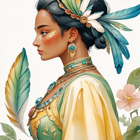 Score_9, score_8_up, score_7_up, score_6_up, BREAK <lora:Soft_Verdant_WatercolorPony:1> ArsMJStyle, Soft Verdant Watercolor, The image shows a woman wearing a green and yellow dress with feathers on her head surrounded by a white background and a few leaves and flowers., 1girl, solo, profile, jewelry, dark skin, earrings, short hair, black hair, feathers, flower