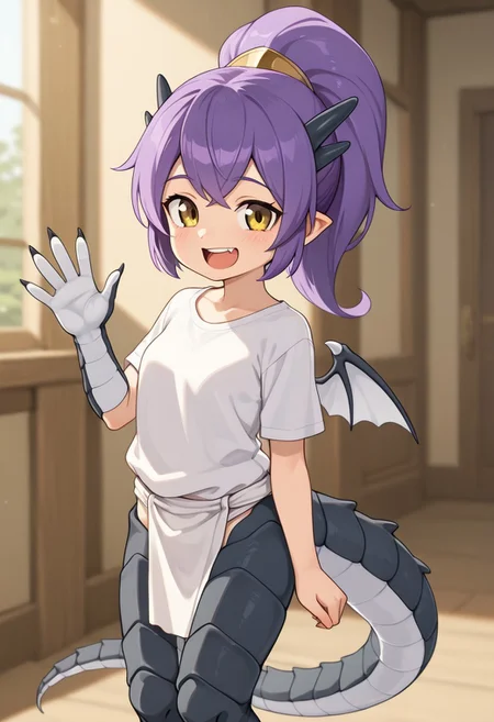 1girl, Papi, purple hair, pony tail, horns, yellow eyes, dragon tail, dragon girl, scales, dragon legs, claws, white shirt, white loincloth, tiny wings, older,
looking at viewer, standing, waving, happy,
masterpiece, best quality,amazing quality, very aesthetic, absurdres, depth of field, blurry background, extremely detailed face, detailed eyes