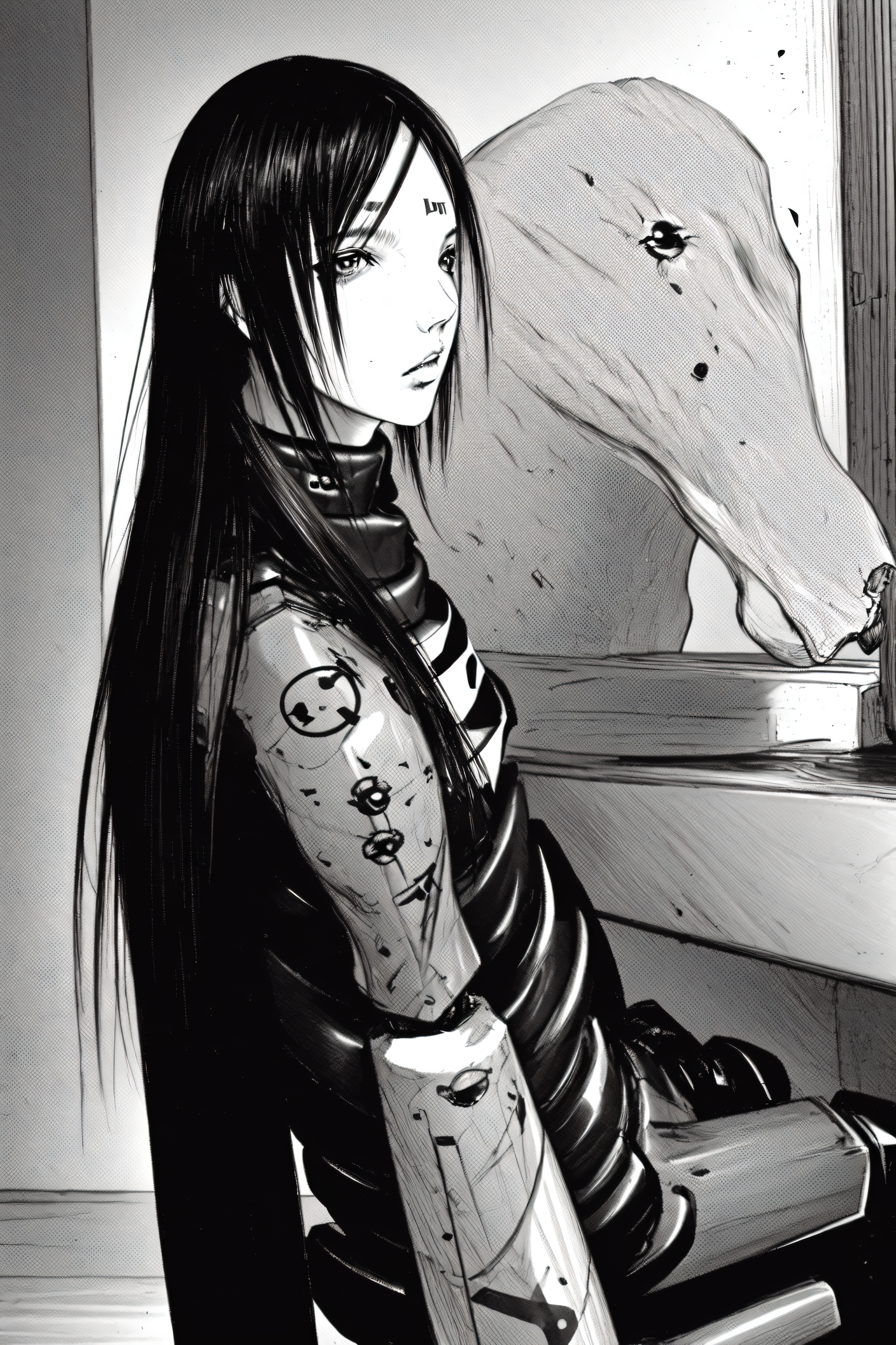 best quality, sanakan (safeguard), hair, detailed face, GBE, smoke <lora:blamev2:1>,  <lora:mangaGeneralStyleLora_v10Mature:0.5> greyscale, monochrome