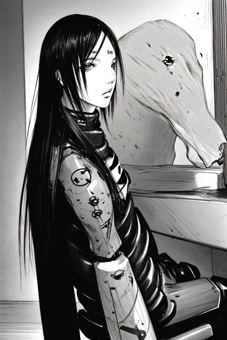 best quality, sanakan (safeguard), hair, detailed face, GBE, smoke <lora:blamev2:1>, <lora:mangaGeneralStyleLora_v10Mature:0.5> greyscale, monochrome