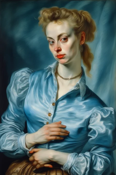 <lora:Peter Paul Rubens Style:1>Peter Paul Rubens Style - peter paul rubens painting of a woman wearing a men's button down light blue shirt