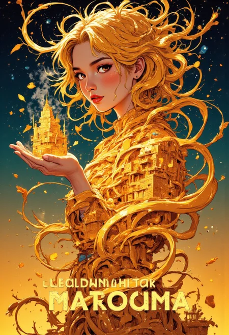 Upper body portrait of an Asian woman transformed into a whimsical 'noodle goddess' against a gradient background that transitions from deep midnight blue at the top to golden amber at the bottom. Her skin has been painted with subtle golden highlights that catch the light. Instead of conventional clothing, her upper body appears to be emerging from a giant, swirling vortex of perfectly cooked, steaming noodles that spiral around her torso in place of a dress. The noodles are animated, defying gravity as they twist and curl in impossible patterns, creating an ethereal, haute couture garment. Her hair has been styled into an elaborate updo that mimics the shape of a traditional ramen bowl, with chopsticks artfully placed as hair accessories. Thin strands of noodles are interwoven with her own hair, making it difficult to distinguish where her hair ends and the noodles begin. Her makeup with eyeshadow resembling chili flakes and lips painted a glistening broth-gold color. In her outstretched palm, she holds a miniature world – a tiny neighborhood where the buildings are made of stacked noodle bricks and the rivers are flowing broth. Her expression is one of serene power and playful mischief, as if she's created this noodle universe. At the bottom of the image, bold typography reads: "Create Your World". Small, subtle logos of "INDOMIE" brands appear as constellations in the night-sky portion of the background.