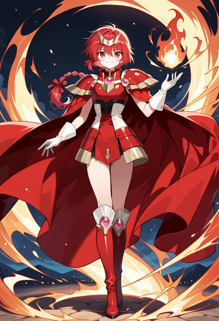 masterpiece, best quality, high quality, anime, solo, <lora:AEHikaruillx:1>
AEHikaruFinal, red eyes, red hair, braided ponytail, hair between eyes, hair ribbon, long braid, long hair, single braid, armored dress, red armor, red cape, shoulder armor, white gloves, gem, gloves, kneeboots,
full body, fire, smile, hand up,