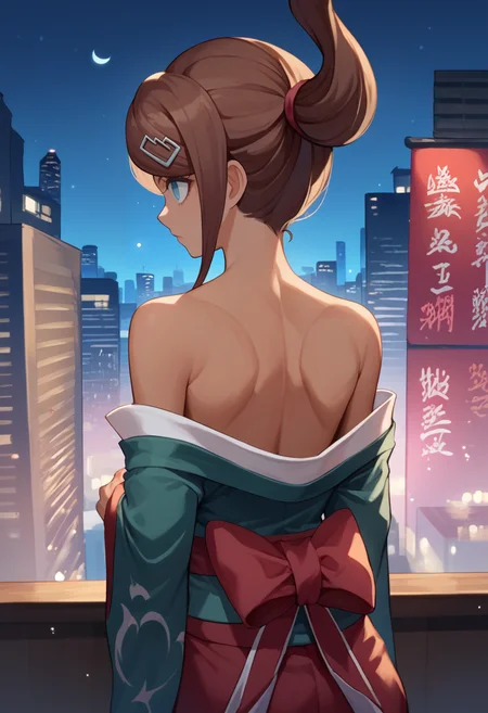 score_9, score_8_up, score_7_up, source anime, 1girl, Hina, brown hair, ponytail, blue eyes, dark-skinned female, solo, off shoulder, kimono, from behind, cityscape, night, <lora:Asahina Aoi0doughnut-000008:1>