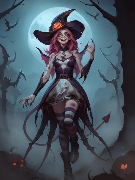 score_9, score_8_up, score_7_up, BREAK, Janna Bewitching, 1girl, solo, long pink hair, purple witch hat, green eyes, long ears,  glasses, black collar, moon neackle, purple witch dress, purple gauntlet, two collor knee socks, black boots, demonic, evil, sinister, horror, dirty, filthy, Concept Art Twilight, old ritual room, blood everywhere, blood on face, dead body insde pentagram, maniac look, crazy smile, <lora:JannaBW:1>   <lora:- SDXL - vanta-black_contrast_V3.0:1> <lora:Concept Art Twilight Style SDXL_LoRA_Pony Diffusion V6 XL:1>