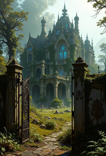 A decaying old mansion partially hidden by thick fog. The windows are broken, and the walls are covered in ivy and moss. The front yard is overgrown with weeds, and a rusted iron gate stands ajar, creaking softly in the wind. The atmosphere is filled with an air of mystery and forgotten grandeur.,
in the style of live action dark fantasy, over the garden wall, 70s Panavision look and feel, warm color tones, high contrast, wide aspect ratio, lens flares, film grain, retro aesthetic, soft focus, deep shadows, vibrant saturation, authentic 1970s vibe, natural lighting, nostalgic, dreamcore