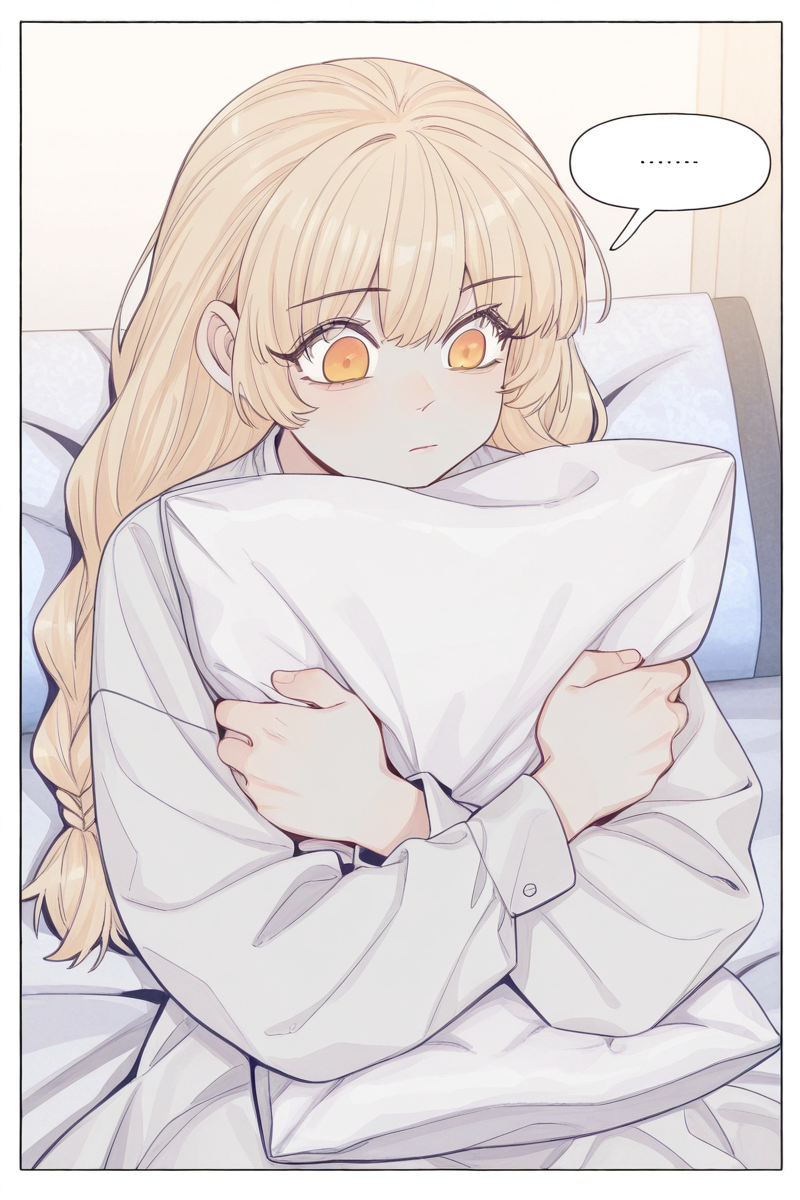 masterpiece, best quality, amazing quality,
 <lora:Girltrap_IL:1> strgrltrp, 1girl, solo, pillow, blonde hair, ..., orange eyes, long hair, object hug, pillow hug, bangs, spoken ellipsis, long sleeves, closed mouth, braid, border