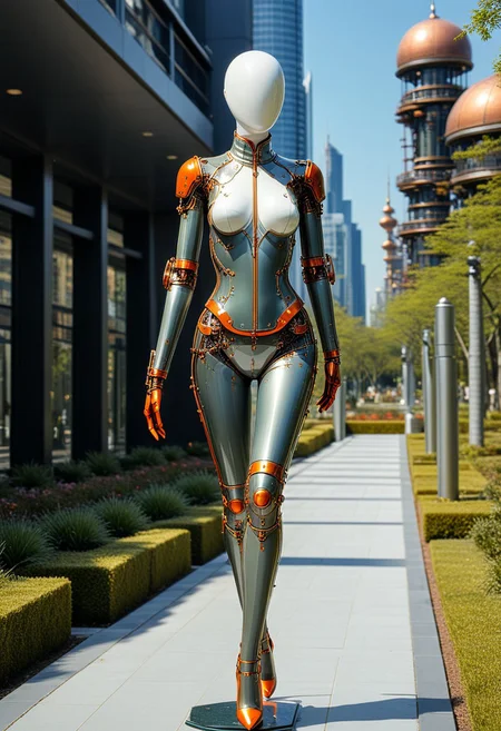 score_9, score_8_up, score_7_up, source_donghua, hyper detailed, high quality v3, (ultra-HD details),Fantasy detailers, Landscape Design, donghua anime, manga, drawing, easynegative
Wide shot of a bald faceless female faceless mannequin cyborg with a steampunk aesthetic, her sleek, metallic body adorned with intricate brass and copper accents, polished gears, and exposed cybernetic joints. Her design blends vintage sophistication with futuristic elegance, featuring ornate engravings and glowing orange accents on her limbs.
Mannequin is wandering at the moriguchishi scenery, outdoors of a futuristic eco city, with beautiful delicated gardens and parks mixed with high modern skyscrapers, green vegetation all along landscape,
- Midday, sunny day, hard light, hard shadow,
- Subtle beams of light fall through the scene, reflections from high buildings.