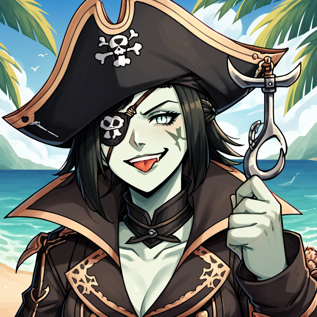 score_9, score_8_up, score_7_up, score_6_up, score_5_up, score_4_up,  source_anime, Roegadynffxiv, 1girl, solo, green skin, hook hand, hook, amputated hand, eyepatch, final fantasy xiv, portrait, tongue out, port, ship, ocean, folded arms, tricorne, pirate hat, trench coat, smirk, beach, palm trees, pirate costume, pirate, <lora:RoegadynFFXIVPonyV1-02:1>