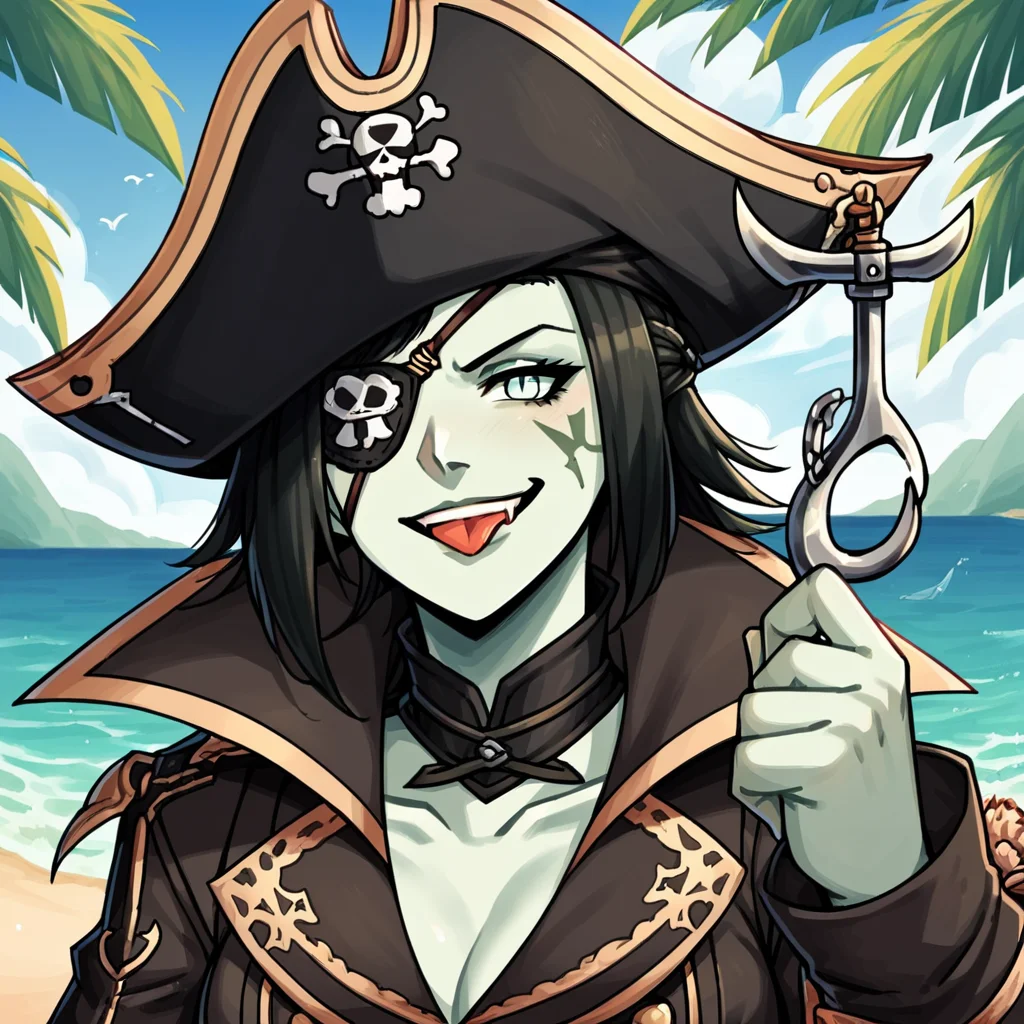 score_9, score_8_up, score_7_up, score_6_up, score_5_up, score_4_up, source_anime, Roegadynffxiv, 1girl, solo, green skin, hook hand, hook, amputated hand, eyepatch, final fantasy xiv, portrait, tongue out, port, ship, ocean, folded arms, tricorne, pirate hat, trench coat, smirk, beach, palm trees, pirate costume, pirate, <lora:RoegadynFFXIVPonyV1-02:1>