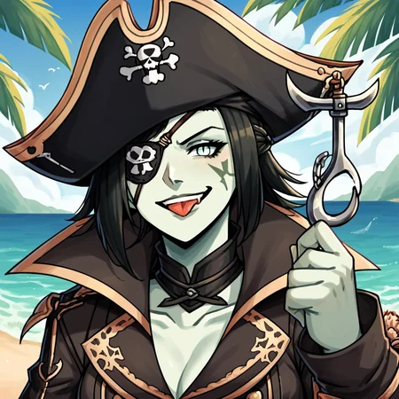 score_9, score_8_up, score_7_up, score_6_up, score_5_up, score_4_up, source_anime, Roegadynffxiv, 1girl, solo, green skin, hook hand, hook, amputated hand, eyepatch, final fantasy xiv, portrait, tongue out, port, ship, ocean, folded arms, tricorne, pirate hat, trench coat, smirk, beach, palm trees, pirate costume, pirate, <lora:RoegadynFFXIVPonyV1-02:1>