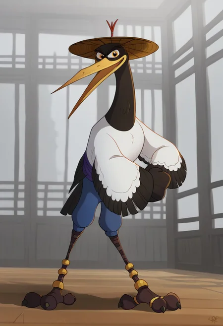 kfp2d, solo, 1boy, mastercr4ne, score_9, score_8_up, score_7_up, score_6_up, score_5_up, score_4_up, source_furry, hi res, sfw. 2D artwork.
1boy, crane, no humans, bird, talons, solo, pants, hat, animal focus, feral
standing, fighting pose, kung fu pose, smile.
fighting arena, indoors, day, chinese structure.