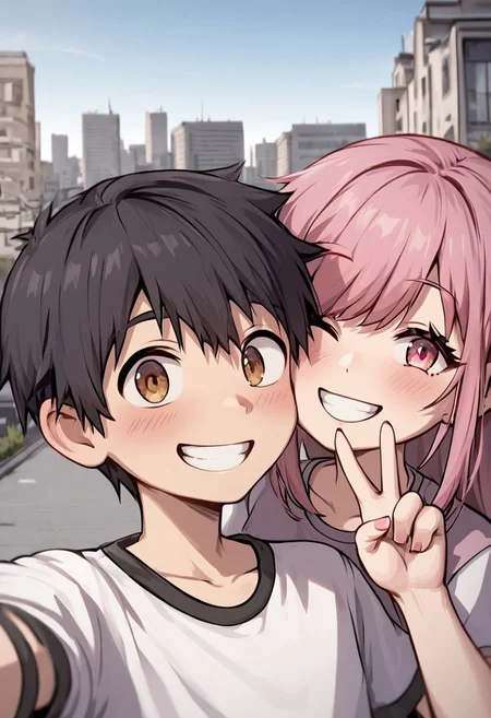 score_4,score_5,score_6,score_7_up,score_8_up,score_9 ((masterpiece,best quality,ultra detailed,highres,HD,4k:1.2)),
chibi,upper body,deformed,| |,
1 girl and 1 boy,hetero,girl focus,
bobcut pink hair giri,large breast,
black short hair boy,
day, outside, city, Couple Selfie, sitting, fully clothed,
smile,happy,open eyes,Smiling with teeth showing, peace sign,