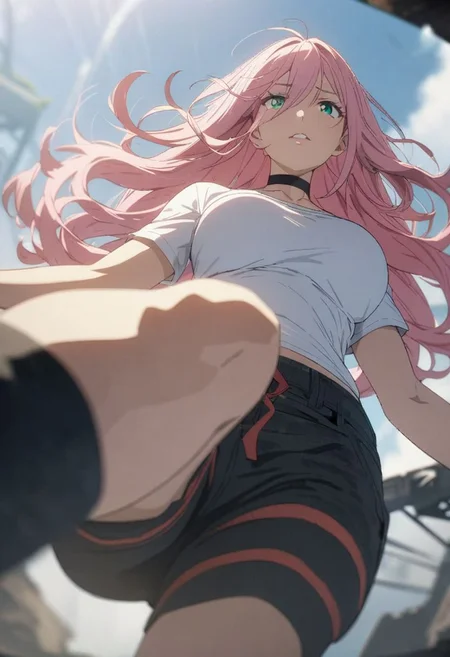 1woman, solo,  long hair, pink hair, black choker, green eyes, eyeliner,  gorgeous lips, cinematic, (masterpiece), (best quality), (ultra-detailed), very aesthetic, illustration, perfect composition, intricate details, absurdres, Looking away, detailed face, hipattack, from below , jumping, motion blur, depth of field, (anime, masterpiece, intricate:1.3), (best quality, hires textures, high detail:1.2), (4k),(incredibly detailed:1.4) shorts, white T-shirt with a deep neckline