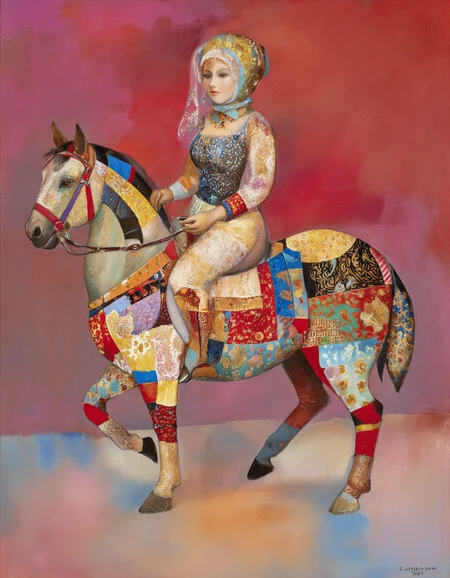 Art by Tigran Matulian & Joshua Burbank. A painting of a woman riding a horse adorned with colorful patchwork, set against a vibrant red background. the woman, who appears to be in her early twenties, is wearing a traditional dress with intricate patterns and a headscarf, and her face is partially obscured by the fabric. she is seated on the horse's back, with her full body visible as she straddles it. the horse is adorned with a variety of colorful fabrics, including red, blue, yellow, and green, which are intricately designed to create a sense of movement and energy. the background is a mix of red and pink hues, with a subtle texture that adds depth and dimension to the painting. the painting is signed by the artist in the bottom right corner, adding a personal touch to the artwork.