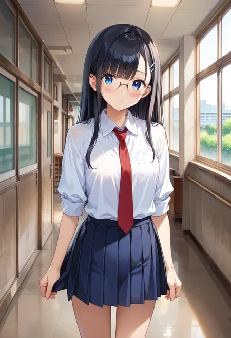 score_9, score_8_up, score_7_up, rating_safe, masterpiece, best quality, absurdres, unity 8k wallpaper, official art, official style, source_anime, uncensored, game cg, megami magazine,
1girl, solo, glasses, black hair, long hair, blue eyes, collared shirt, red necktie, pleated skirt, blue skirt, looking at viewer, blush,
rouka, scenery, hallway, door, school, indoors, window, ceiling light,
<lora:gakkou_rouka_PONY_V2:1>