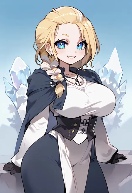 score_9, score_8_up, score_7_up, BREAK, chibi, c4toony style, 1girl, extra young woman, bimbo, eyes, face, neck, cute smile, bimbo,
huge breasts, extra skinny, (extra narrow waist:1.3), legs, belly, portrait, standing, pov, looking at viewer,
Jaina Proudmoore. white hair, blonde hair, streaked hair, single braid, blue eyes, anchor necklace,Horde tattoo, piercing,
corset, single pauldron, cape, cropped jacket, detached sleeves, (single gauntlet:0.9), gloves, blue pants, long skirt, belt pouch, pelvic curtain,
BREAK, detailed face, ice background, castle background,