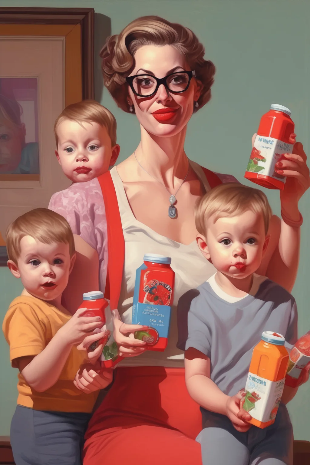 <lora:Alex Gross Style:1>Alex Gross Style - a realistic, 25-year-old, happy, attractive, 21st-century mom holding childrens' juice boxes, illustrated like a modern Norman Rockwell
