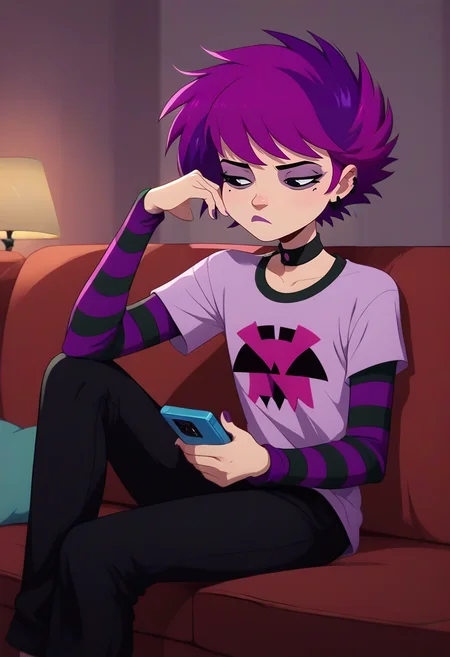ophelia ramirez, 1girl, purple hair, short hair, shirt, striped sleeves, black pants, sitting, bored, arm up, holding phone, looking at phone,  <lora:ophelia-08:0.8>