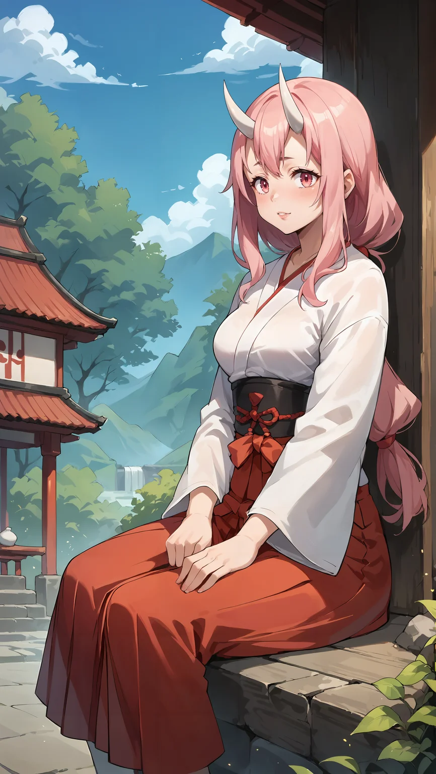 score_9,score_8_up,score_7_up,score_6_up, source_anime, zPDXL, <lora:Shuna - Pony-000004:0.7>, girl, low-tied long hair, pink hair, white oni horns, pink eyes, miko, red hakama, <lora:Wakfu_CartoonV02:0.5>, <lora:xl_more_art-full_v1:0.5>, sitting with her back arched, small japanese village, hills, japanese architecture,
