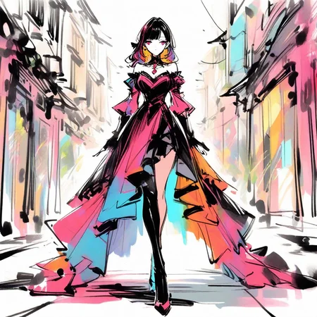 inksketch, a woman, colorful, full body, beautiful red and black dress
