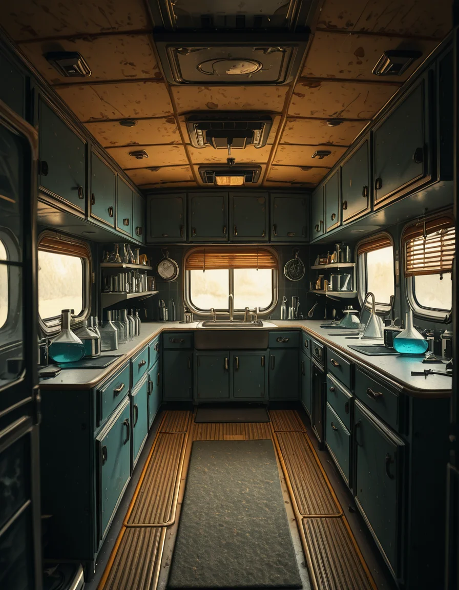 The interior of an old RV converted into a clandestine drug laboratory, inspired by the TV series Breaking Bad. The space is cramped and messy, filled with scientific equipment, glass beakers, flasks, burners, chemical containers, and lab tools scattered around. The walls are aged and stained, with peeling wallpaper and old metallic cabinets. A small sink area is cluttered with dirty lab glassware. The lighting is dim and tinted yellow, with sunlight barely filtering through dusty blinds. The floor is grimy, with a mix of rubber mats and worn carpet. The overall atmosphere is tense and gritty, capturing a sense of secrecy and danger. Hyper-realistic style, cinematic composition, rich in textures and shadows.
<lora:SDXLFaeTastic2400:0.4> <lora:extremely_detailed:0.4> extremely detailed,old RV drug l4b0r4t0ry, <lora:old_RV_drug_l4b0r4t0ry-i:1>, Masterpiece,best quality,hi res,8k,hi res,8k,award winning,(sharp focus, intricate, highly detailed),