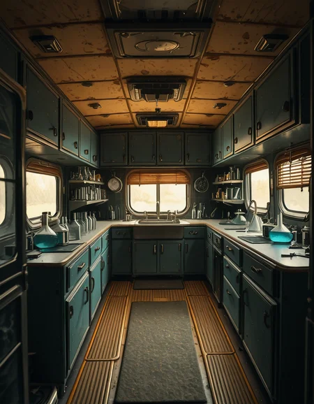 The interior of an old RV converted into a clandestine drug laboratory, inspired by the TV series Breaking Bad. The space is cramped and messy, filled with scientific equipment, glass beakers, flasks, burners, chemical containers, and lab tools scattered around. The walls are aged and stained, with peeling wallpaper and old metallic cabinets. A small sink area is cluttered with dirty lab glassware. The lighting is dim and tinted yellow, with sunlight barely filtering through dusty blinds. The floor is grimy, with a mix of rubber mats and worn carpet. The overall atmosphere is tense and gritty, capturing a sense of secrecy and danger. Hyper-realistic style, cinematic composition, rich in textures and shadows.
<lora:SDXLFaeTastic2400:0.4> <lora:extremely_detailed:0.4> extremely detailed,old RV drug l4b0r4t0ry, <lora:old_RV_drug_l4b0r4t0ry-i:1>, Masterpiece,best quality,hi res,8k,hi res,8k,award winning,(sharp focus, intricate, highly detailed),